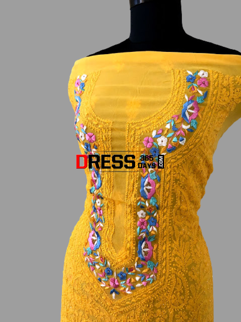 Yellow Parsi Neckline Chikankari Suit (Three Piece) Suits