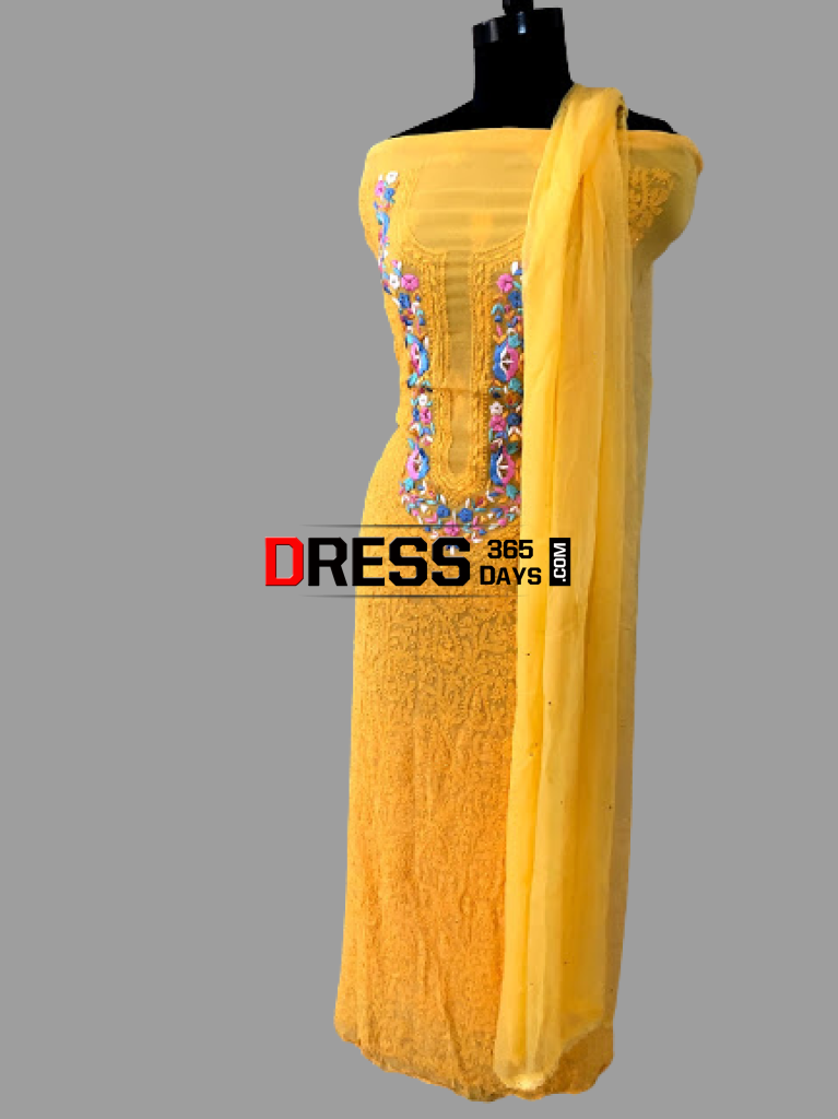 Yellow Parsi Neckline Chikankari Suit (Three Piece) Suits