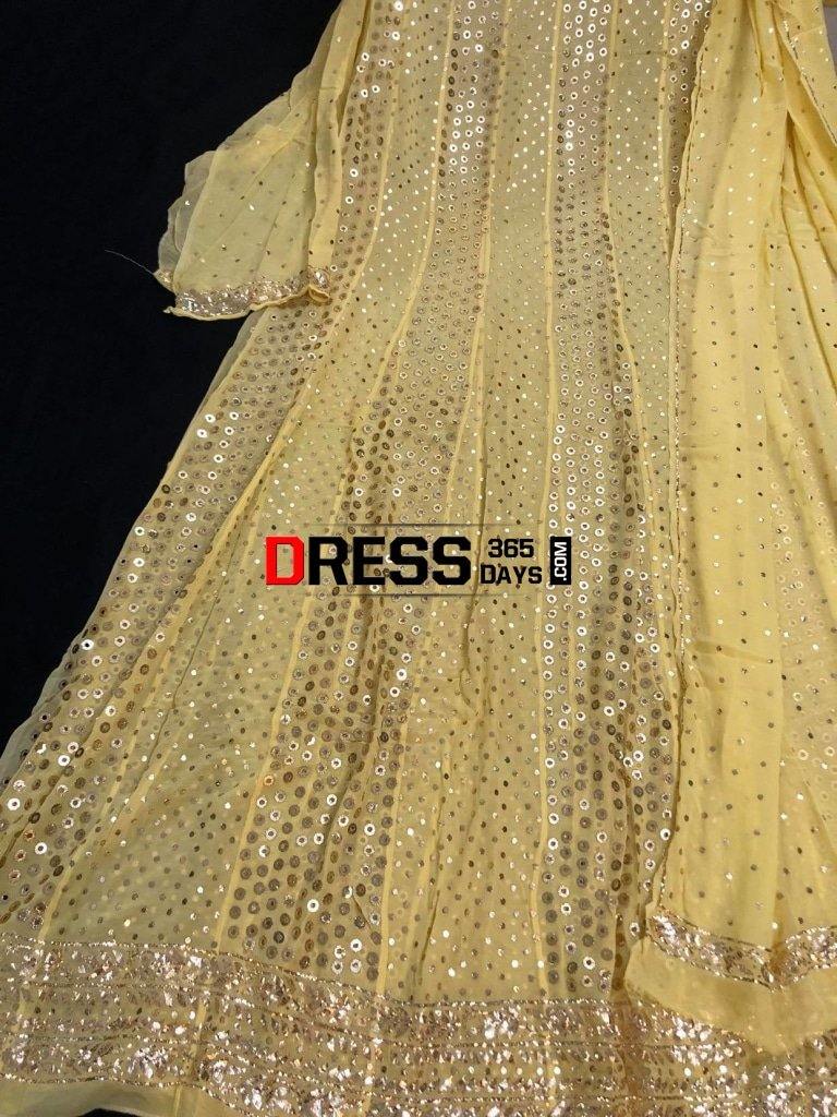 Yellow Ring Mukaish Anarkali Suit Chikankari