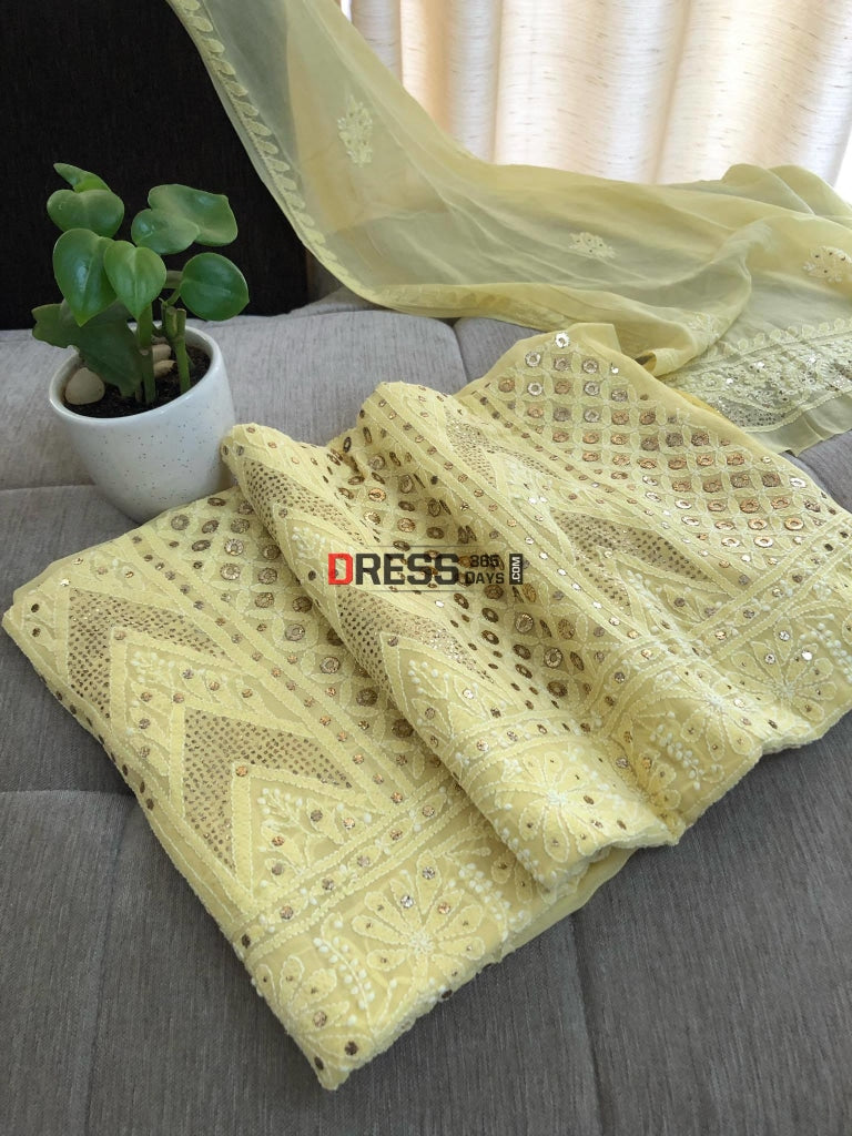 Yellow Ring Mukaish Chikankari Kurta Dupatta Set Suits