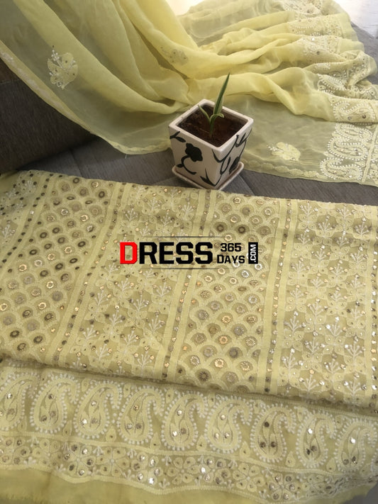 Yellow Ring Mukaish Chikankari Suit Suits