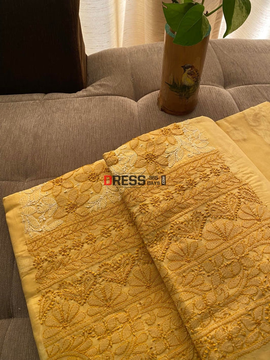 Yellowish Beige Cotton Chikankari Kurti Fabric (Kurti Only)