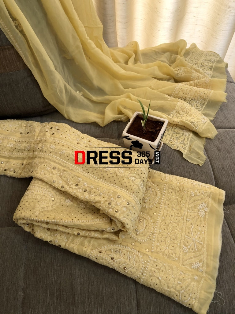 Yellowish Beige Kamdani Lucknowi Anarkali Suit Chikankari