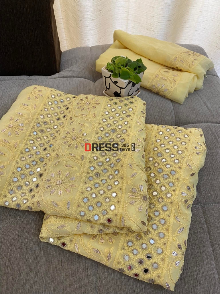 Yellowish Beige Mirror & Gota Patti Lucknowi Chikankari Suit Suits