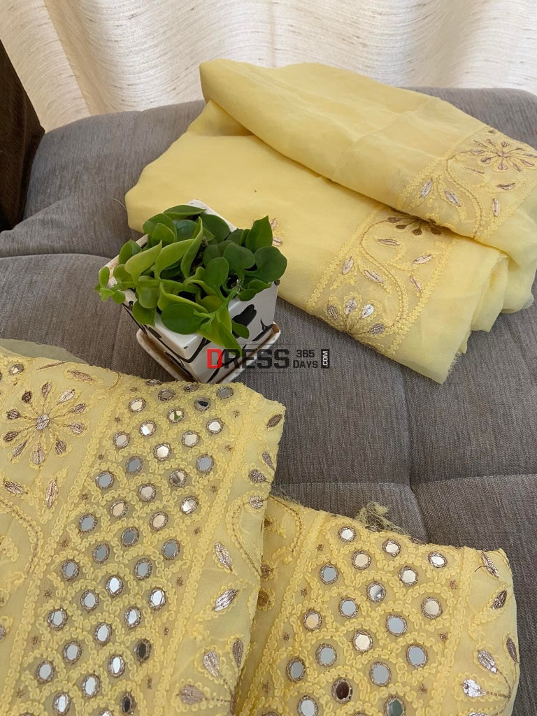 Yellowish Beige Mirror & Gota Patti Lucknowi Chikankari Suit Suits