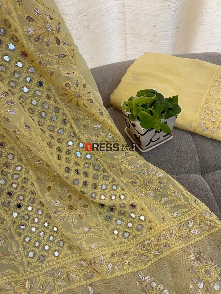 Yellowish Beige Mirror & Gota Patti Lucknowi Chikankari Suit Suits