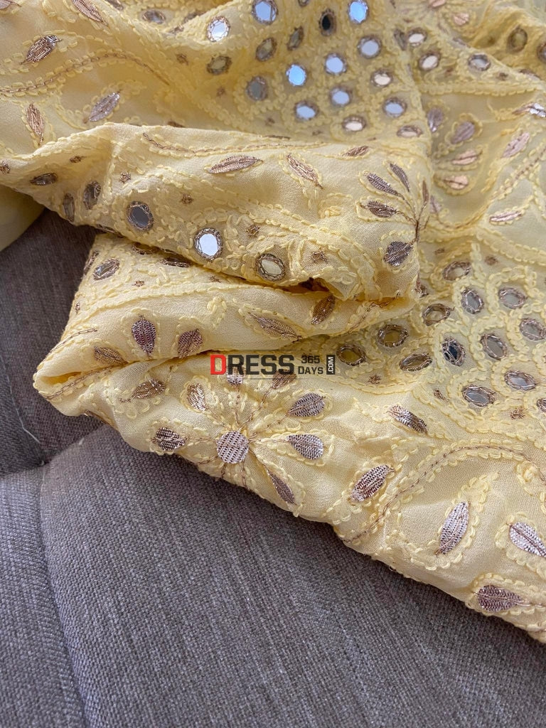 Yellowish Beige Mirror & Gota Patti Lucknowi Chikankari Suit Suits
